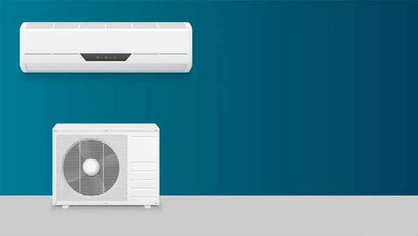 エアコン横長い背景の広告、3 d イラストのテキスト テンプレート。リアルな白、エアコン、フルのアイコンを設定する 2 つのブロック — ストックベクタ