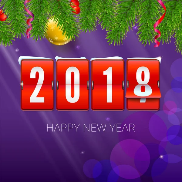 Nieuwjaar komt 2018. Achtergrond met mechanische klok, serpentijn en kerst bal. Happy New Year 3d illustratie met scorebord, sjabloon voor uw wenskaarten of print ontwerp — Stockvector