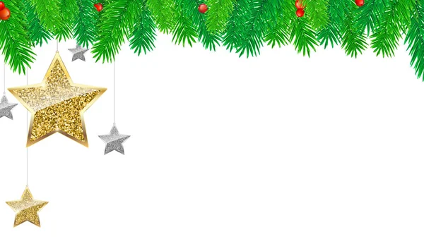 Bandeira de Natal com ramos de abeto, estrelas de ouro e prata, isolado no fundo branco. Ambiente festivo, ilustração 3D. Modelo para o cartão de Ano Novo ou Natal saudações, design de impressão ou cartazes — Vetor de Stock