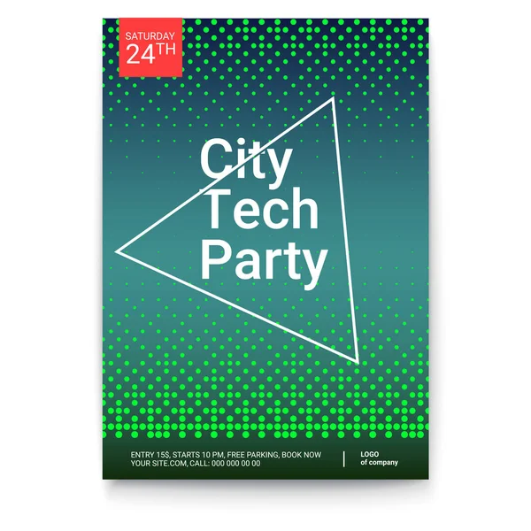 Design de pôster com padrão de pontos meio-tom abstrato. Mock-up de evento City Techno Party com modelo de texto, tamanho A4. Modelo de vetor de cartaz, layout de design para brochura, banner, flyer . —  Vetores de Stock
