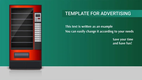 Automatából snackek, szóda vagy élelmiszerek értékesítésére. Részletes piros gép értékesítés a két színű háttér, 3D-s illusztráció. Hirdetési poszter-sablon. — Stock Vector