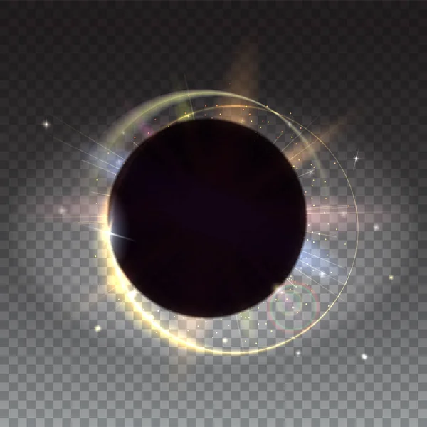 日食、天文現象 - 完全な太陽 eclipse.円形の光線とレンズ フレア背景、あふれるに分離された抽象的な明るい背景。透明で分離 — ストックベクタ