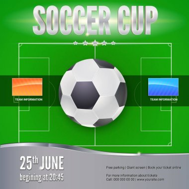 Futbol, futbol afiş. Oyun turnuvası için şablon. Yukarıda yeşil alan, üst görünümden futbol topu. Spor olayları Tasarım poster, baskı tasarımı, yaratıcı sanat için. 3D çizim