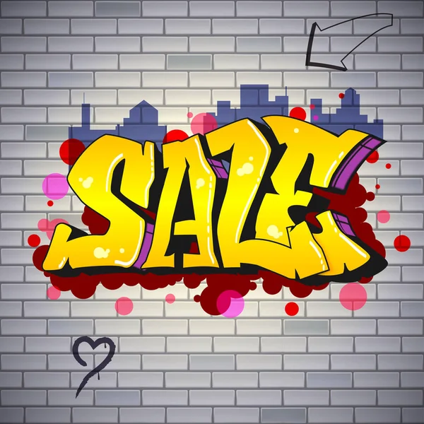 Försäljning, bokstäver i Hip-hop, graffiti stil. Gatukonst på tegelväggen. Urban annonsören. Reklam om rabatter. Snygg design av banner med ditt erbjudande. 3D illustration — Stock vektor