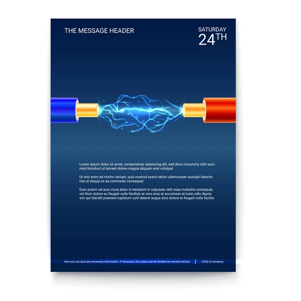 Diseño de póster, cable eléctrico con chispas. Cable eléctrico de cobre en aislamiento de color y arco eléctrico entre los cables. Antecedentes para presentación o publicidad. Portada de tamaño A4 . — Vector de stock