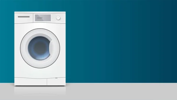 洗濯機横長い背景に広告のテンプレートです。現実的な白い洗濯機、フロント ビューのアイコン。テキストのための場所と 3 d イラスト. — ストックベクタ