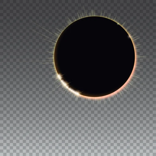 Световые лучи на черном фоне, абстрактный прозрачный фон с эффектом свечения полного солнечного затмения. Планета, покрывающая затмение Солнца. Шаблон для обложки, плаката и открыток — стоковый вектор