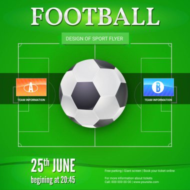 Futbol ya da futbol afiş metin tasarım ile. Oyun turnuvası için şablon. Yukarıda yeşil alan, üst görünümden futbol topu. Spor olayları Tasarım poster, baskı tasarımı, yaratıcı sanat için. 3D çizim