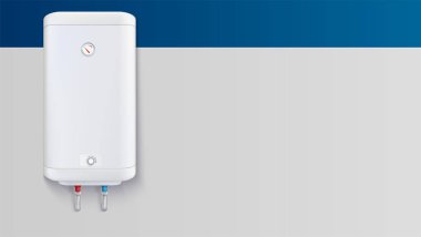 Beyaz şablonuyla tank su ısıtıcı, yatay arka plan, 3d resim reklamı için emaye. Reklam mesajı kaydı örneği. Metin için yer ile gerçekçi simgesi