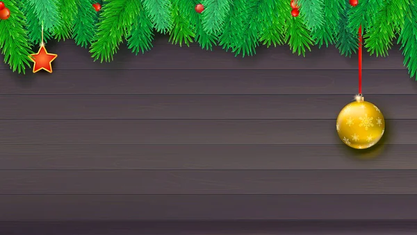 Banner de Natal com ramos de abeto e bagas vermelhas no fundo de madeira. Ambiente festivo, ilustração 3D. Modelo para o cartão de Ano Novo ou Natal saudações, design de impressão ou cartazes — Vetor de Stock