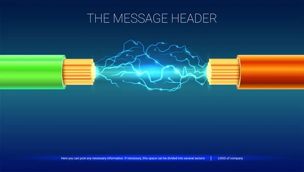 Elektrischer Funke zwischen zwei isolierten, verseilten Kupferdrähten. Stromkabel mit Funken. horizontale Gestaltung für Präsentation, Plakate, Cover, Banner oder Werbung. 3D-Illustration — Stockvektor