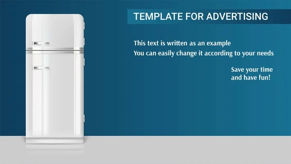 Vorlage mit Retro-Vintage-Kühlschrank für Werbung auf horizontal langem Hintergrund, 3D-Illustration mit Beispiel für Textgestaltung. realistische weiße Kühlschrank-Ikone — Stockvektor