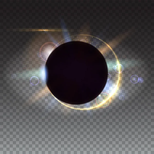 Eclipse Solar Digital. Los rayos de luz y la lente llamarada telón de fondo. Efecto de luz brillante. Estrella reventó con destellos. Fondo cuadrado abstracto, brillante, movimiento, aislado en transparente — Archivo Imágenes Vectoriales