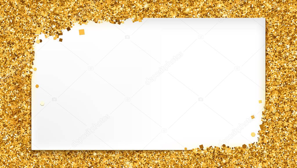 Background with gold glitter and place for text. White banner on backdrop of golden dust, sand. Horizontal 3D illustration, ready for print design, posters, flyer or banner.