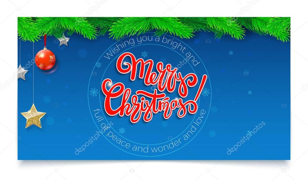 Merry Christmas, calligraphic lettering on banner with fir branches, Christmas ball and stars. Falling snowflakes on backdrop. Design for posters, print design, creative arts. 3D illustration