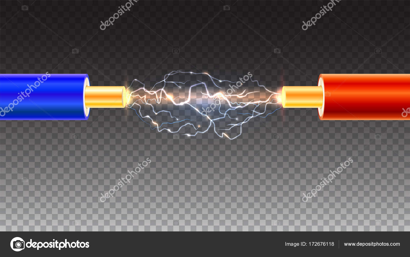 Electric cable with sparks on transparent background. Copper electrical
