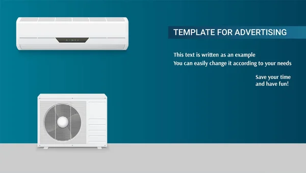Πρότυπο με κλιματισμό για διαφήμιση στην οριζόντια μακρά σκηνικό, 3d απεικόνιση με το παράδειγμα του σχεδίου κειμένου. Εικονίδια ρεαλιστική λευκό κλιματισμού, πλήρες σετ των δύο μπλοκ — Διανυσματικό Αρχείο