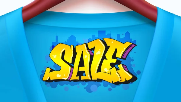 Venta de banner publicitario con camisa azul. Chaqueta con etiqueta colgando de perchas. Estilo graffiti, texto de arte urbano. Elegante, oferta de creatividad para su diseño de carteles, diseño de impresión. Ilustración horizontal 3D — Vector de stock