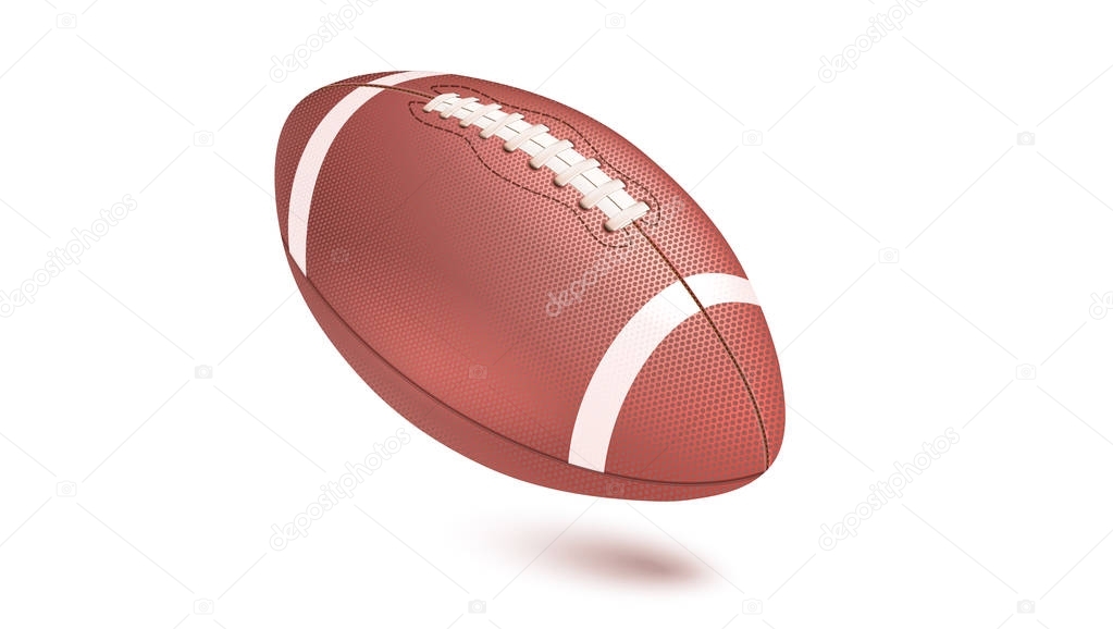 American striped football ball, diagonal position in frame. Horizontal realistic vector 3D illustration isolated on white background. Icon of the flying Rugby ball with shadow