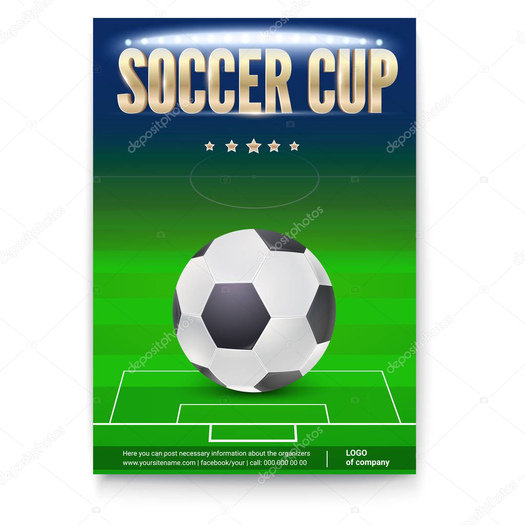 Soccer cup poster template with place for information and emblem of participants. Night football stadium in spotlight with big ball. 3D illustration, template for print design for soccer events