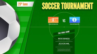 Futbol veya Avrupa Futbol Turnuvası poster. Yatay mock-up Banner futbol rekabet ya da spor olayları topu ve futbol alanı, en iyi görünüm için. 3D çizim, baskı tasarımı için şablon