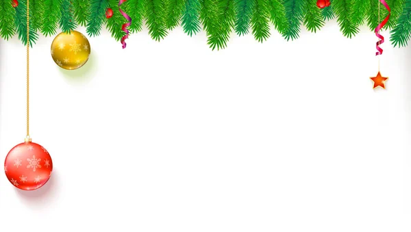 Christmas blank banner with garland of fir branches, red berries, star and balls. Festive atmosphere. Template for New Year or Christmas greetings card, print design. Vector 3D illustration. — Stock Vector