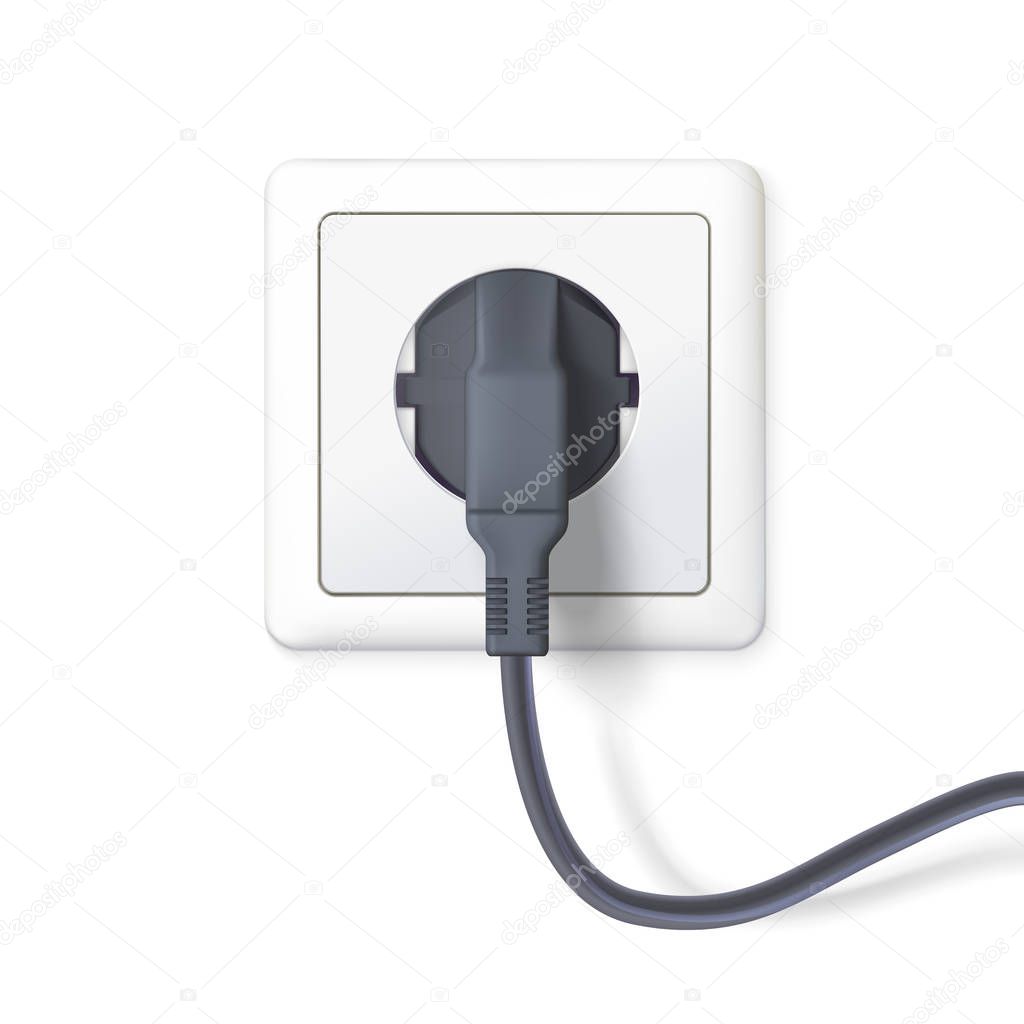 The black plug is plugged into the power lines. Plug inserted in a white wall socket. Icon of device for connecting electrical equipment. 3D illustration isolated on white background