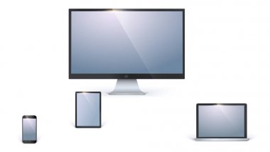 Boş elektronik cihazlar ile beyaz perde beyaz arka plan üzerinde izole simgeler. Masaüstü bilgisayar monitörü, açılan dizüstü bilgisayar, tablet ve mobil akıllı telefon