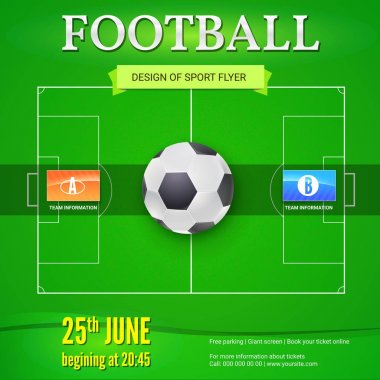 Futbol ya da futbol afiş metin tasarım ile. Oyun turnuvası için şablon. Yukarıda yeşil alan, üst görünümden futbol topu. Spor olayları Tasarım poster, baskı tasarımı, yaratıcı sanat için. 3D çizim