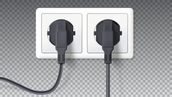 Enchufes y enchufes eléctricos. Tapones negros realistas insertados en toma de corriente eléctrica blanca, aislados en transparente. Ilustración vectorial 3D, icono del dispositivo para conectar aparatos eléctricos . — Vector de stock