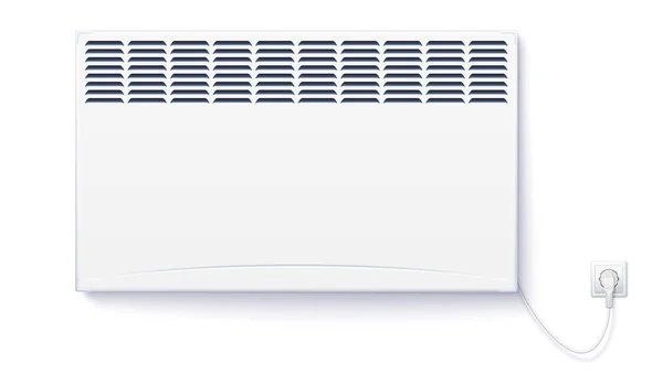 Binnenlandse elektrische kachel, home convector aangesloten het snoer met stekker aan elektriciteit. Elektrische panel van radiator toestel voor ruimteverwarming geïsoleerd op een witte muur. Horizontale sjabloon voor ontwerp — Stockvector