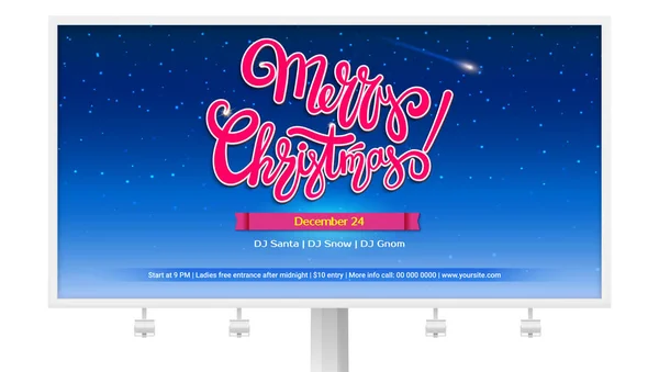 Merry Christmas party background with lettering. Twinkling stars in the night winter sky. Poster for holidays event, ready to print. 3D illustration, template for banner, flyer, leaflet or invitation — Stock Vector