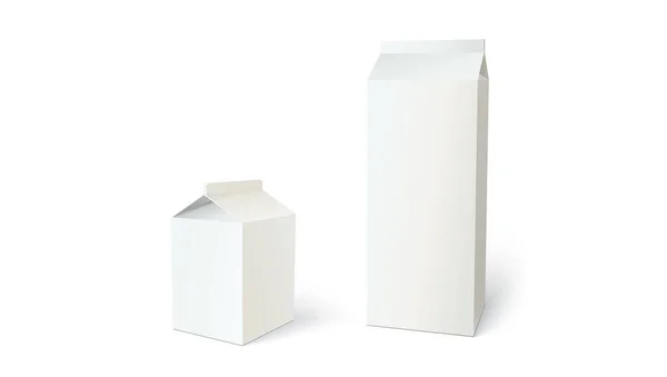 Коробки для молока или сока, могут использоваться для брендинга. Набор различных пустых контейнеров для жидкости. 3D иллюстрация на белом фоне — стоковый вектор