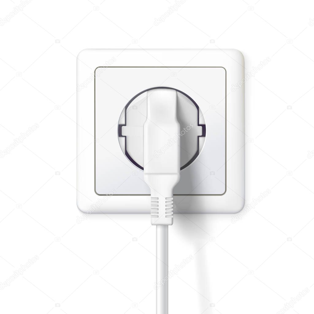 The plug is plugged into the power lines. White plug inserted in a wall socket. Icon of device for connecting electrical appliances, equipment. 3D illustration isolated on white background