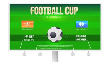 Futbol Kupası billboard şablonu bilgi ve katılımcılar arması için yer ile. Futbol Stadyumu ile top. 3D çizim, futbol olayları, üzerinde beyaz izole için baskı tasarımı için şablon
