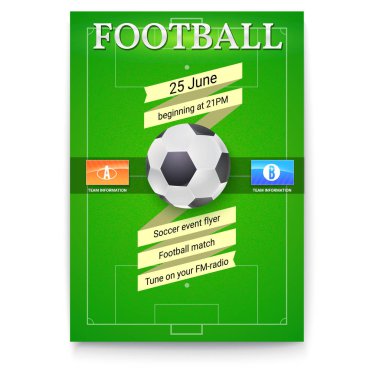 Futbol ya da futbol poster ile metin çizmek. Oyun turnuvası için şablon. Futbol topu yeşil alan ile katılan takım bayrakları yukarıda. Spor olayları için baskı tasarımı tasarım. 3D çizim