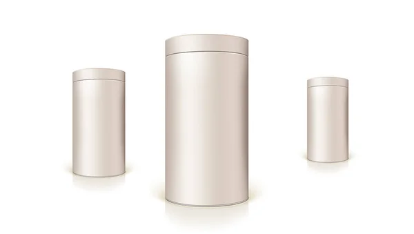 Set di scatole rotonde di imballaggio per prodotti sfusi e prodotti in scatola. Contenitore di forma cilindrica, icona, modello di lattine rotonde. Illustrazione vettoriale 3D isolata su sfondo bianco — Vettoriale Stock