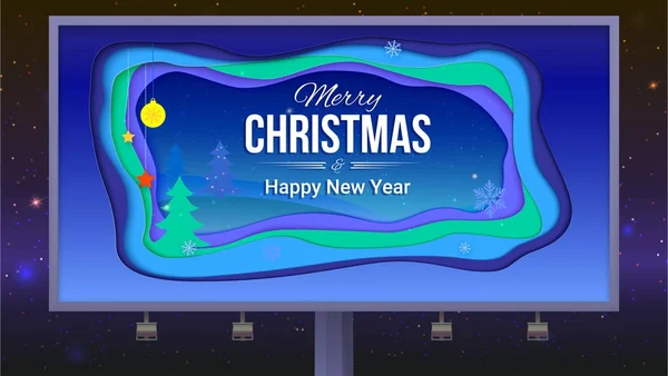 Feliz Navidad y Año Nuevo cartel con letras en la cartelera. Los juguetes navideños, la estrella que cae sobre el fondo del paisaje invernal. Ilustración 3D, formas cortadas en capas con sombra . — Vector de stock