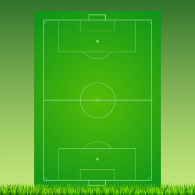 Futbol sahası ile çim yeşil zemin üzerinde. Posterler için arka plan afiş biçimlendirme ile Avrupa futbol sahası ile. 3D çizim, baskı için hazır.