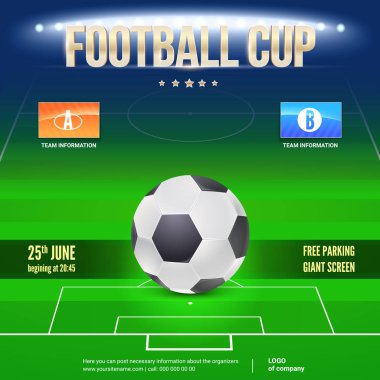 Futbol olay afiş tasarımı. Gece Futbol Stadyumu büyük topu ile spot. Metin ve katılımcılar arması yerleştirin. 3D Resim, poster, şablon baskı tasarım olaylar için