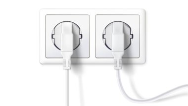 Elektrik fişleri ve soket. Gerçekçi beyaz fişleri beyaz arka plan üzerinde izole elektrik prizine takılmış. Elektrikli ev aletleri, ekipman bağlamak için aygıt simgesi. 3D illüstrasyon vektör