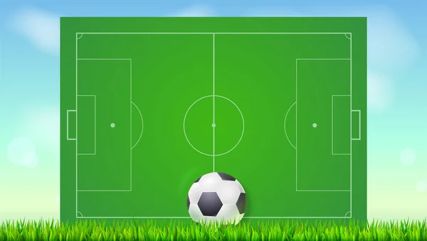 Fußballplatz mit Gras und Ball vor blauem Himmel. Hintergrund für Poster, Banner mit europäischem Fußballplatz mit Markup, Draufsicht. 3D-Illustration, druckfertig — Stockvektor