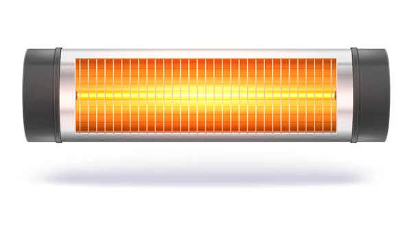 Die Quarz-Halogenheizung mit der glühenden Lampe, elektrische Haushaltsheizung. Gerät zur Raumheizung im Innenraum. 3D-Illustration, isoliert auf weißem Hintergrund. — Stockvektor