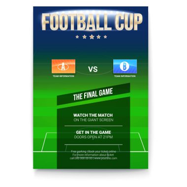 Futbol ya da futbol poster ile metin çizmek. Oyun Kupası için şablon. Yeşil alan ile katılan takım bayrakları. Spor olayları tasarım, hazır yazdırın. 3D çizim