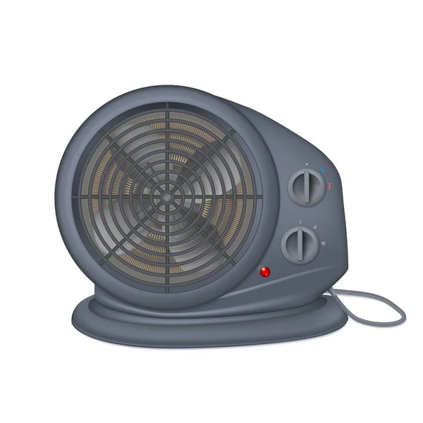 Calentador eléctrico negro con ventilador, aparato de radiador para calefacción de espacios. Icono de calentador doméstico con cable eléctrico. Aislado sobre fondo blanco, ilustración 3D . — Vector de stock