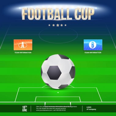 Futbol olay el ilanı şablonu. Metin ve katılımcılar arması yerleştirin. Gece Futbol Stadyumu büyük topu ile spot. 3D Resim, poster, şablon baskı tasarım olaylar için