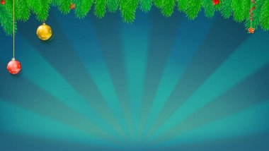 Yeşil çam dalları, Noel topları ve zemin güneş ışınları ile oyuncaklar ile Noel ve yılbaşı banner. Festival atmosferi tebrik kartı, baskı tasarımı için. Yatay 3d çizim.