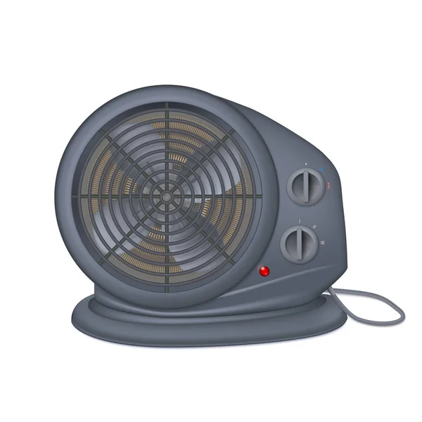 Schwarzer Elektroheizer mit Ventilator, Heizkörper-Gerät zur Raumheizung. Ikone der Haushaltsheizung mit Stromkabel. isoliert auf weißem Hintergrund, 3D-Illustration. — Stockvektor