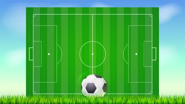 Fußballplatz mit Gras und Ball vor blauem Himmel. Hintergrund für Poster, Banner mit europäischem Fußballplatz mit Markup, Draufsicht. 3D-Illustration, druck- und designfertig — Stockvektor