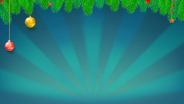 Рождественское и новогоднее знамя с зелеными еловыми ветвями, рождественские шары и игрушки на фоне солнечных лучей. Праздничная атмосфера для поздравительных открыток, дизайна печати. Горизонтальная 3D иллюстрация
.